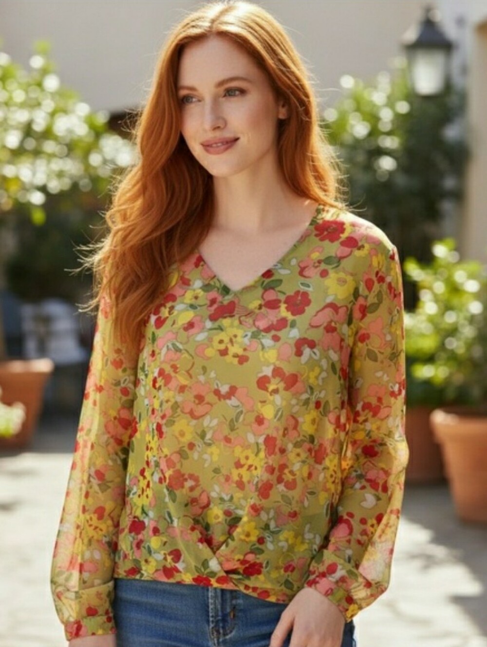 cabi Playground Blouse 6503 Spring 2024 Romantic Floral Sheer V-Neck Top Size L